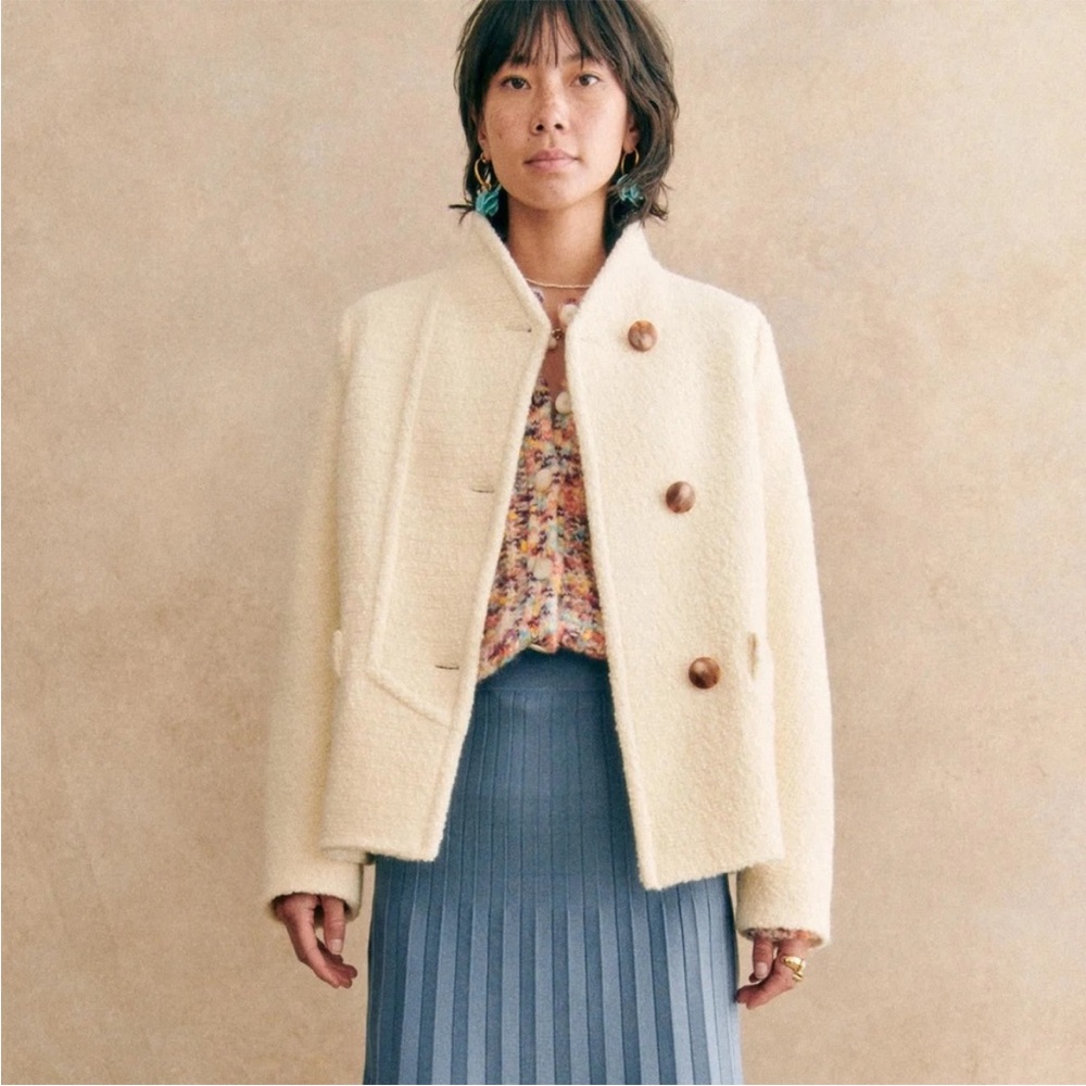 Sézane Women's Cream Long Sleeves Button Front Kalvin Wool Coat Size 42 US 10